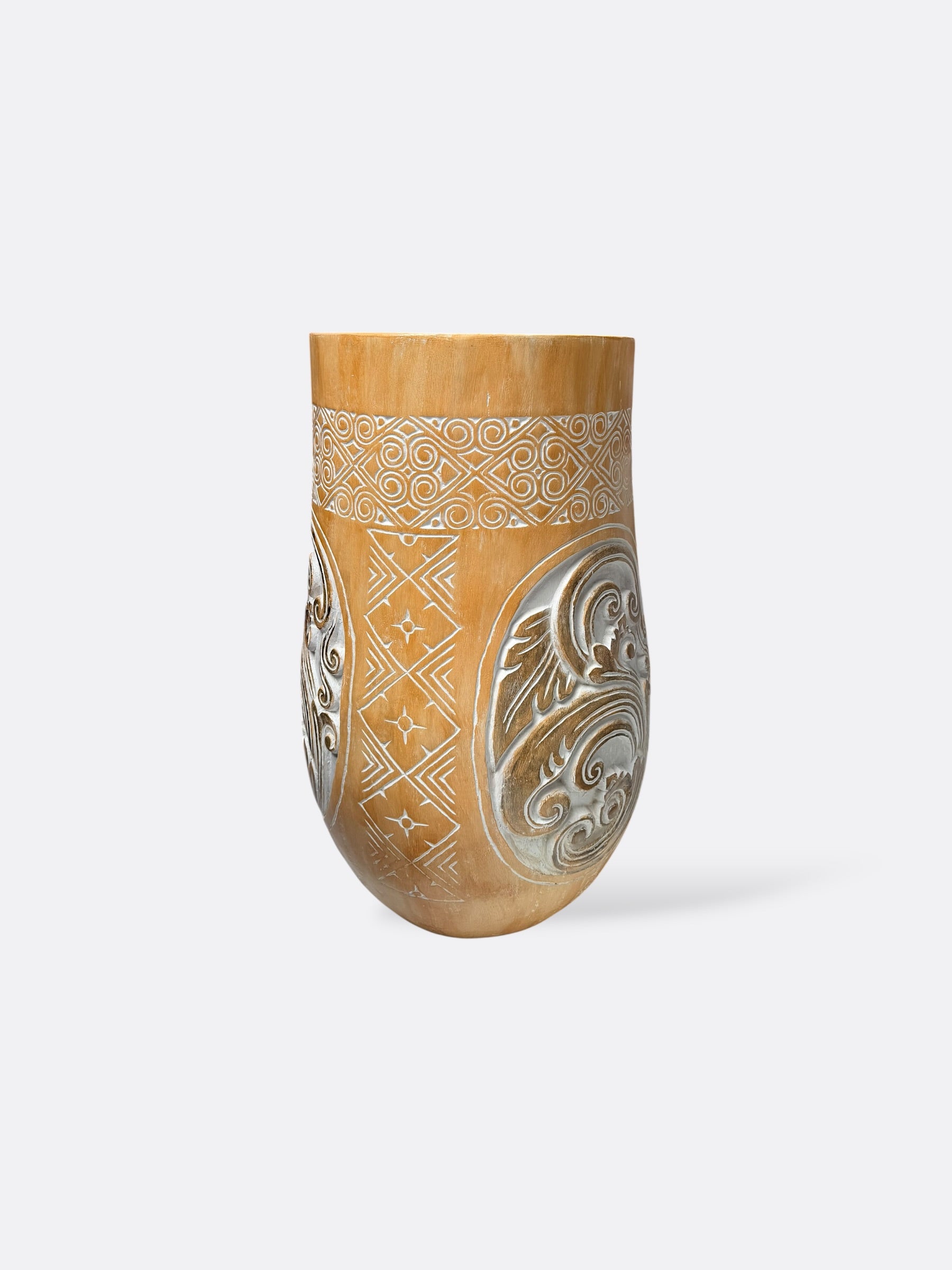 Pot Palam en palmier sculpté jaune, vue d'ensemble