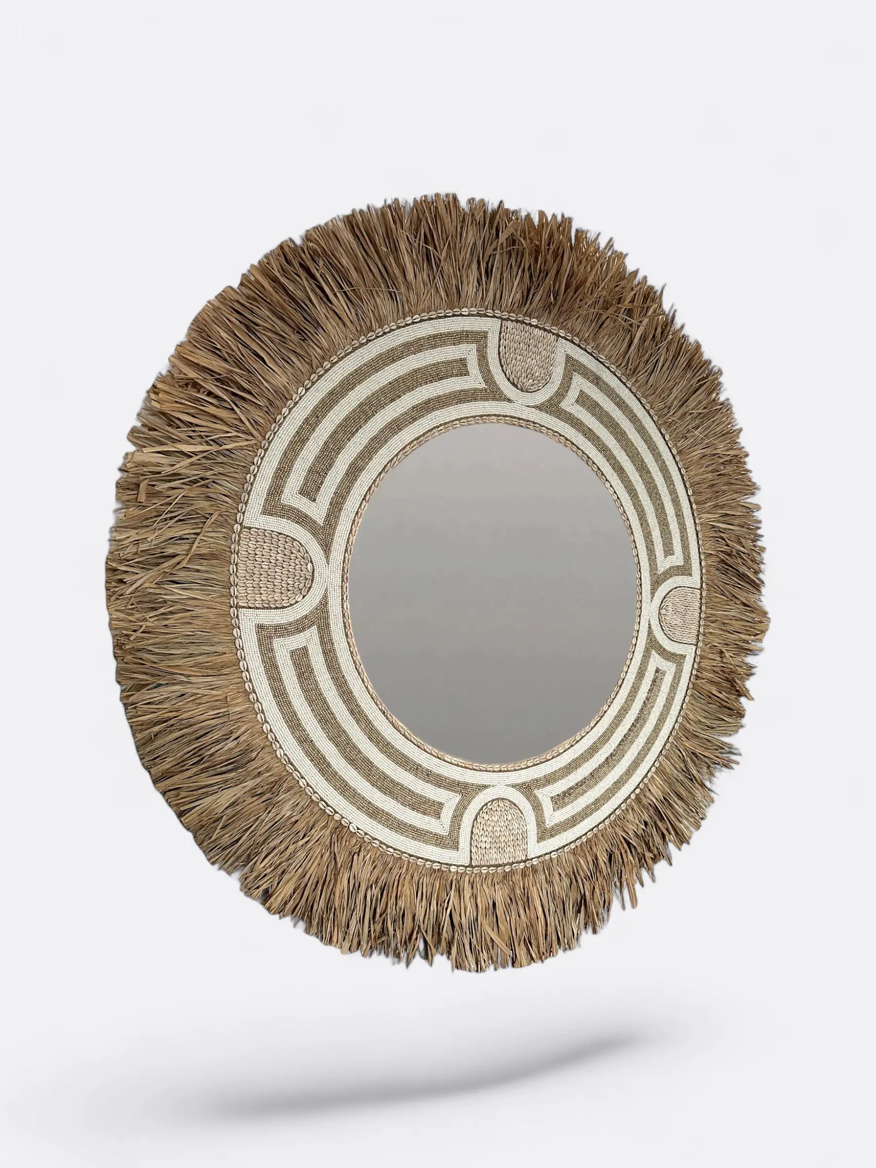 Grand miroir balinais Krem XL en perles et fibres naturelles - Décoration bohème chic Cokoha