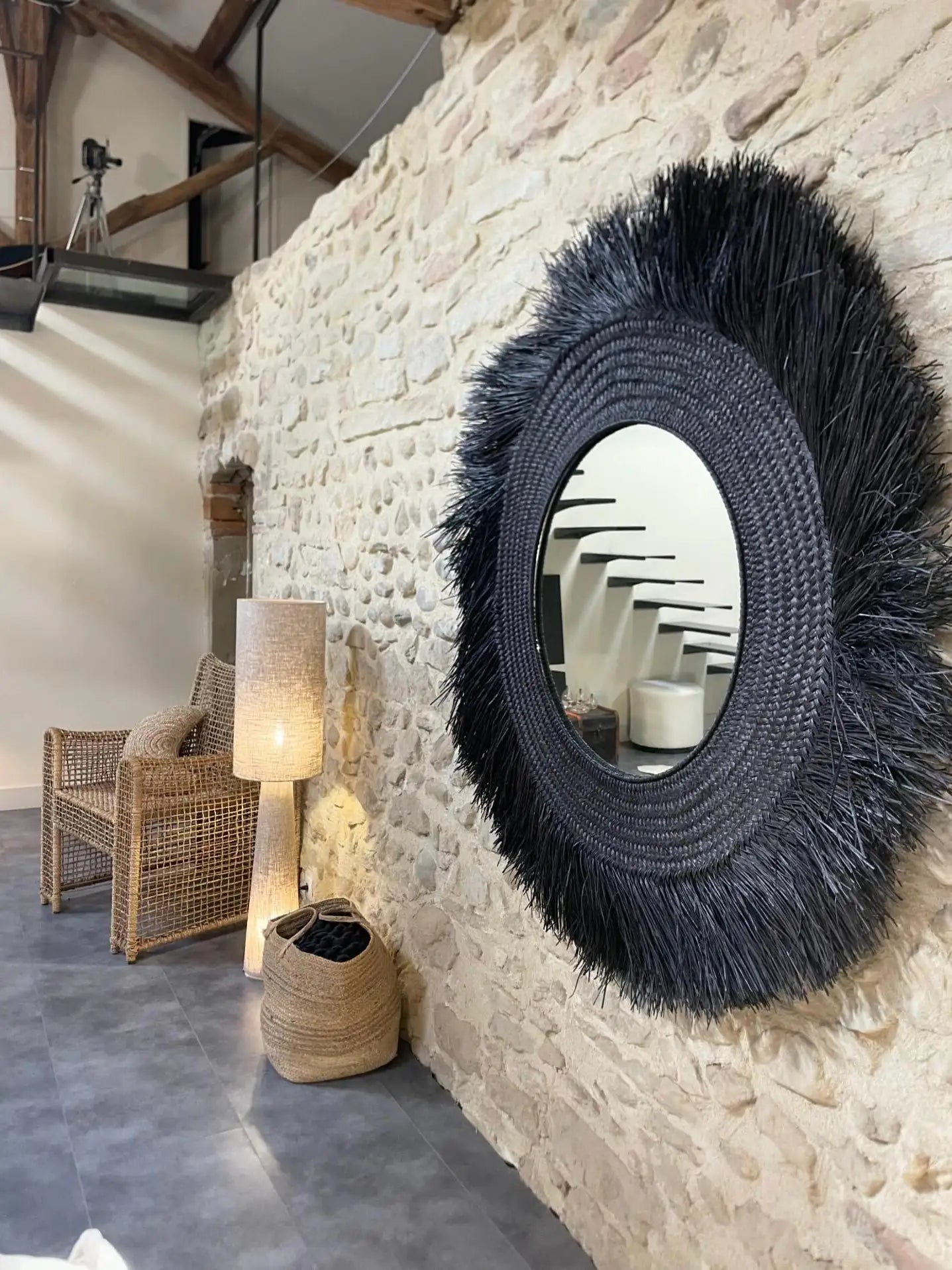 grand miroir balinais en paille noire - Hitam XL