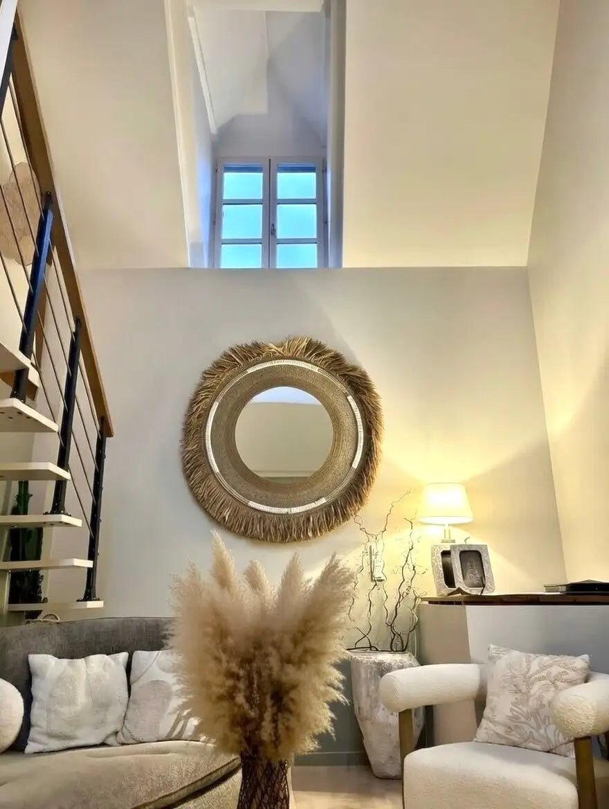 Miroir mural balinais fait main à Bali en raphia et perles décoratives