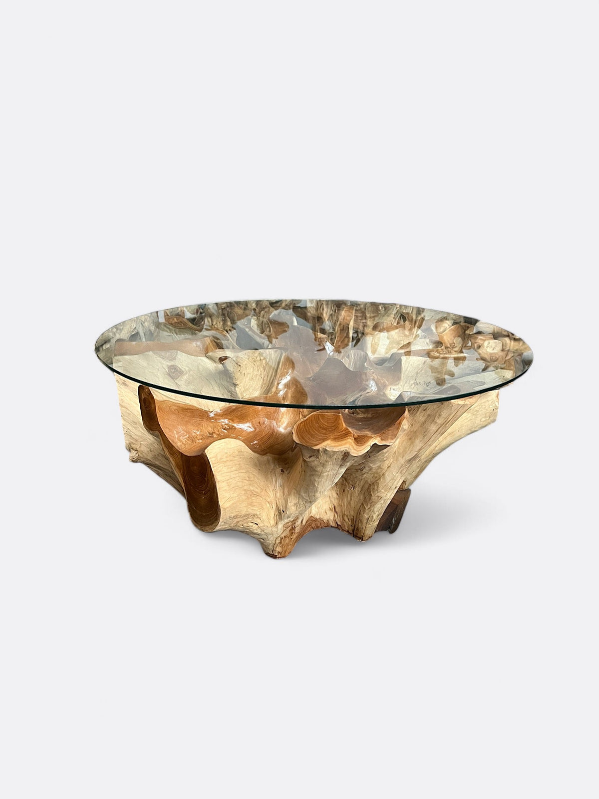 Table basse ronde en racines de teck et plateau verre artisanale de Bali