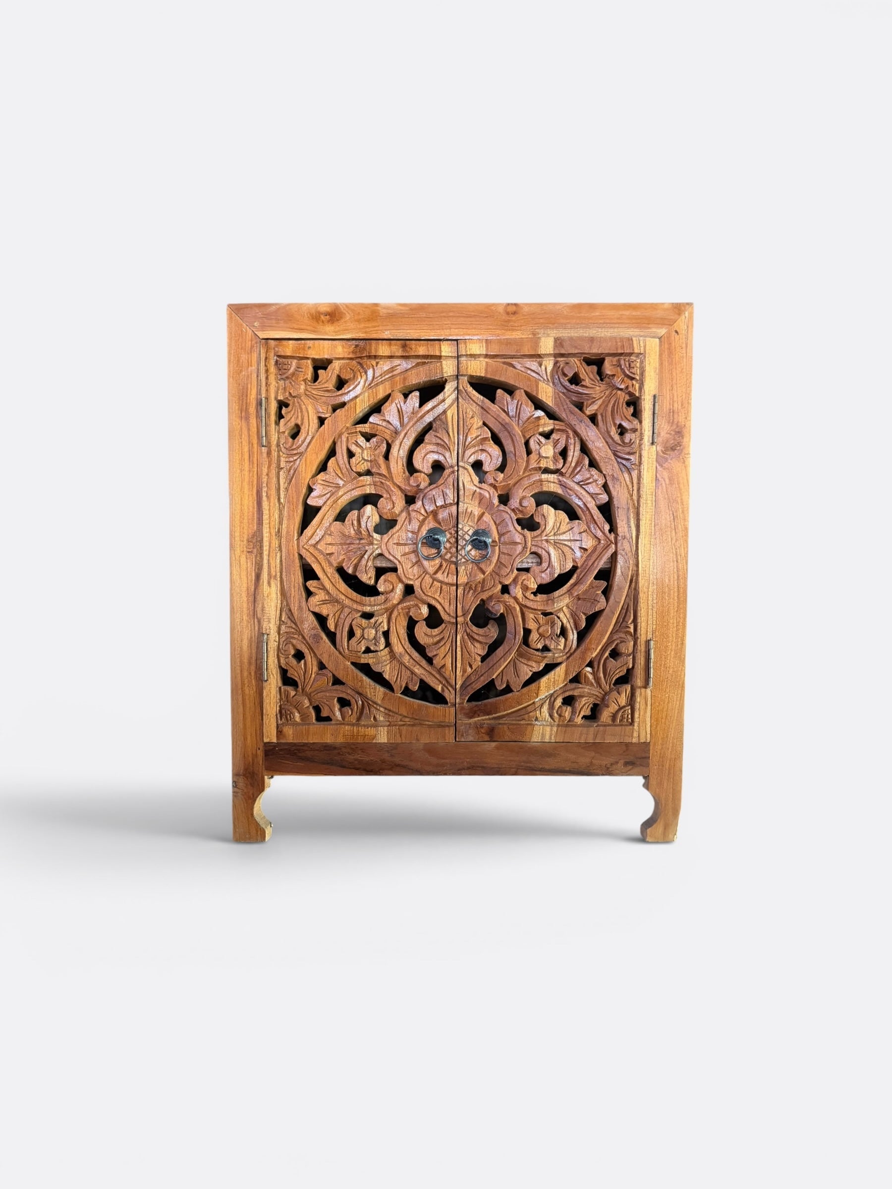 Tables de chevet Théa en teck floral - vue d'ensemble dans une chambre