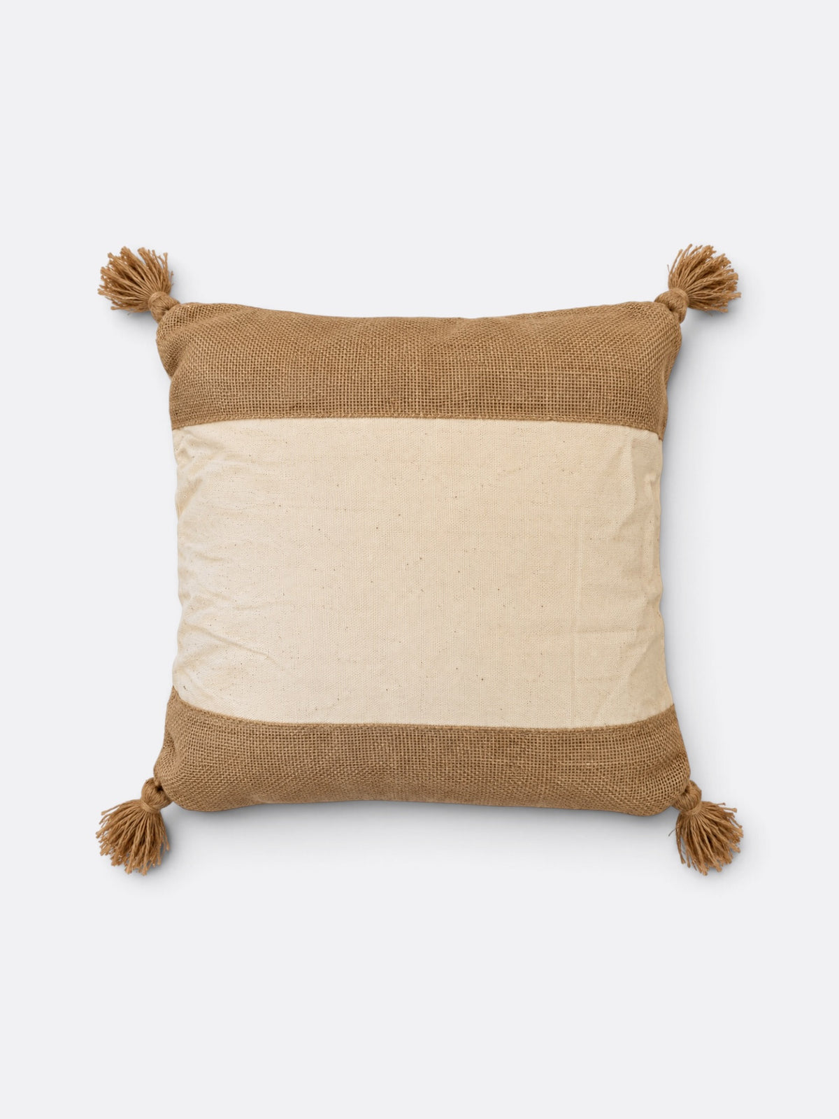 Coussin carré balinais 50x50 en coton beige et écru à pompons, tissé à la main
