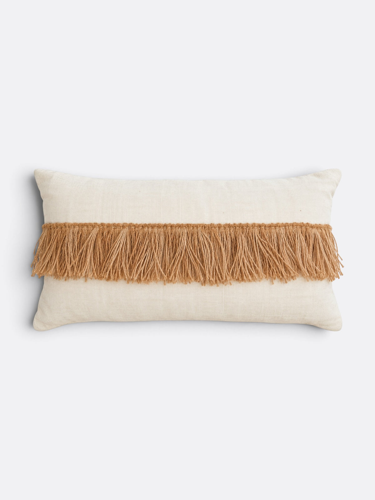 Coussin rectangulaire balinais 50x30 en coton beige écru à franges, tissé à la main