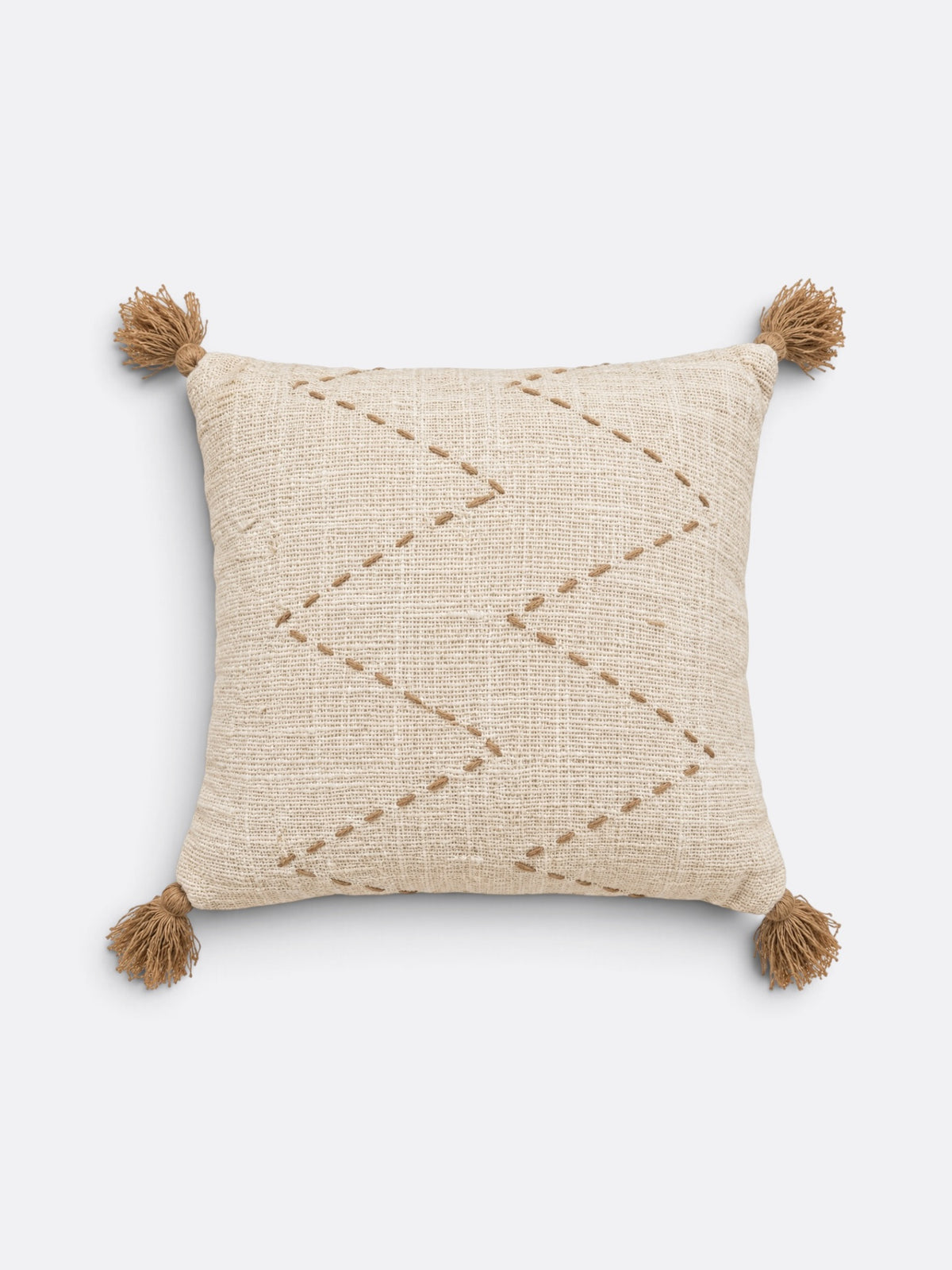 Coussin carré balinais 50x50 en coton beige et écru à franges de raphia
