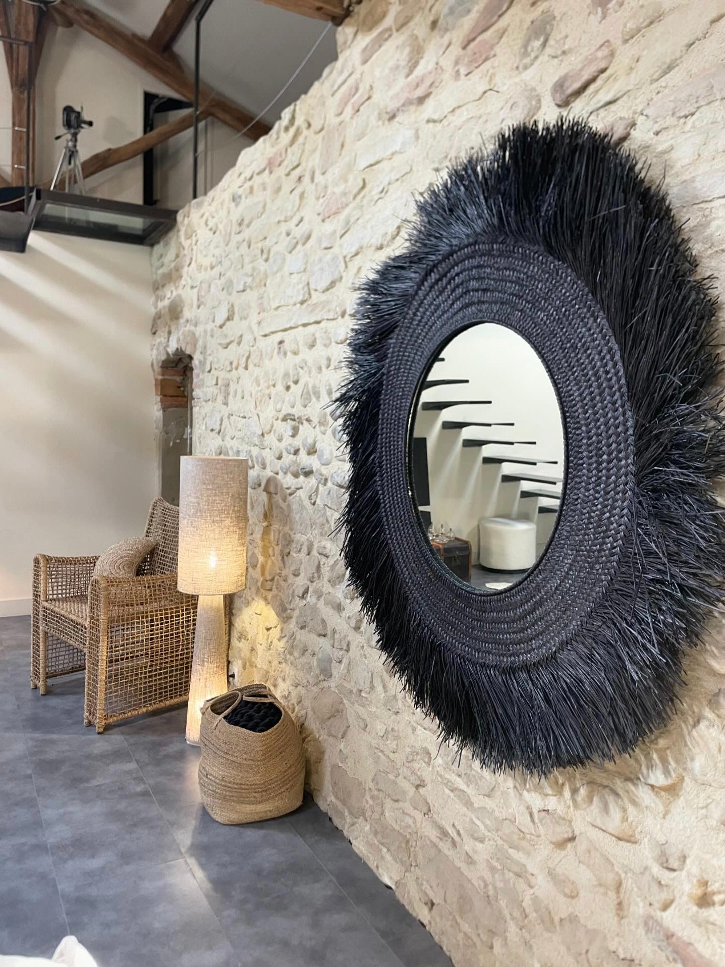 grand miroir balinais en paille noire - Hitam XL