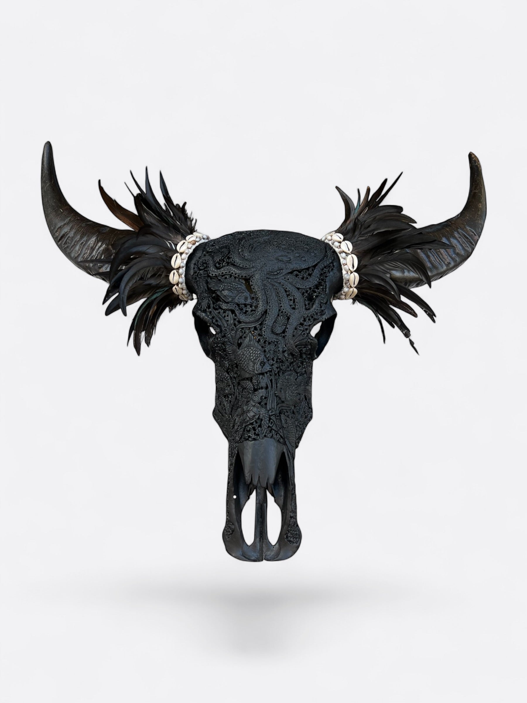 crane de buffle noir sculpté a la main avec un poulpe artisanat piece unique