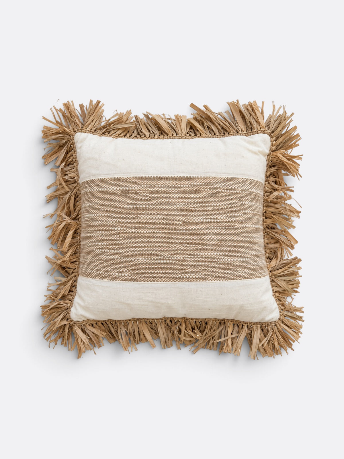 Coussin carré balinais 50x50 en coton écru et moutarde à pompons, tissé à la main