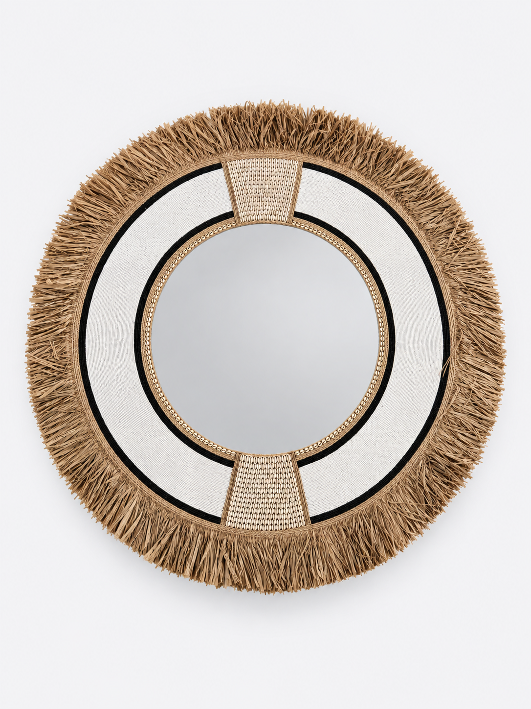 Grand miroir rond XXL en raphia, perles et coquillages Kaya blanc XXL