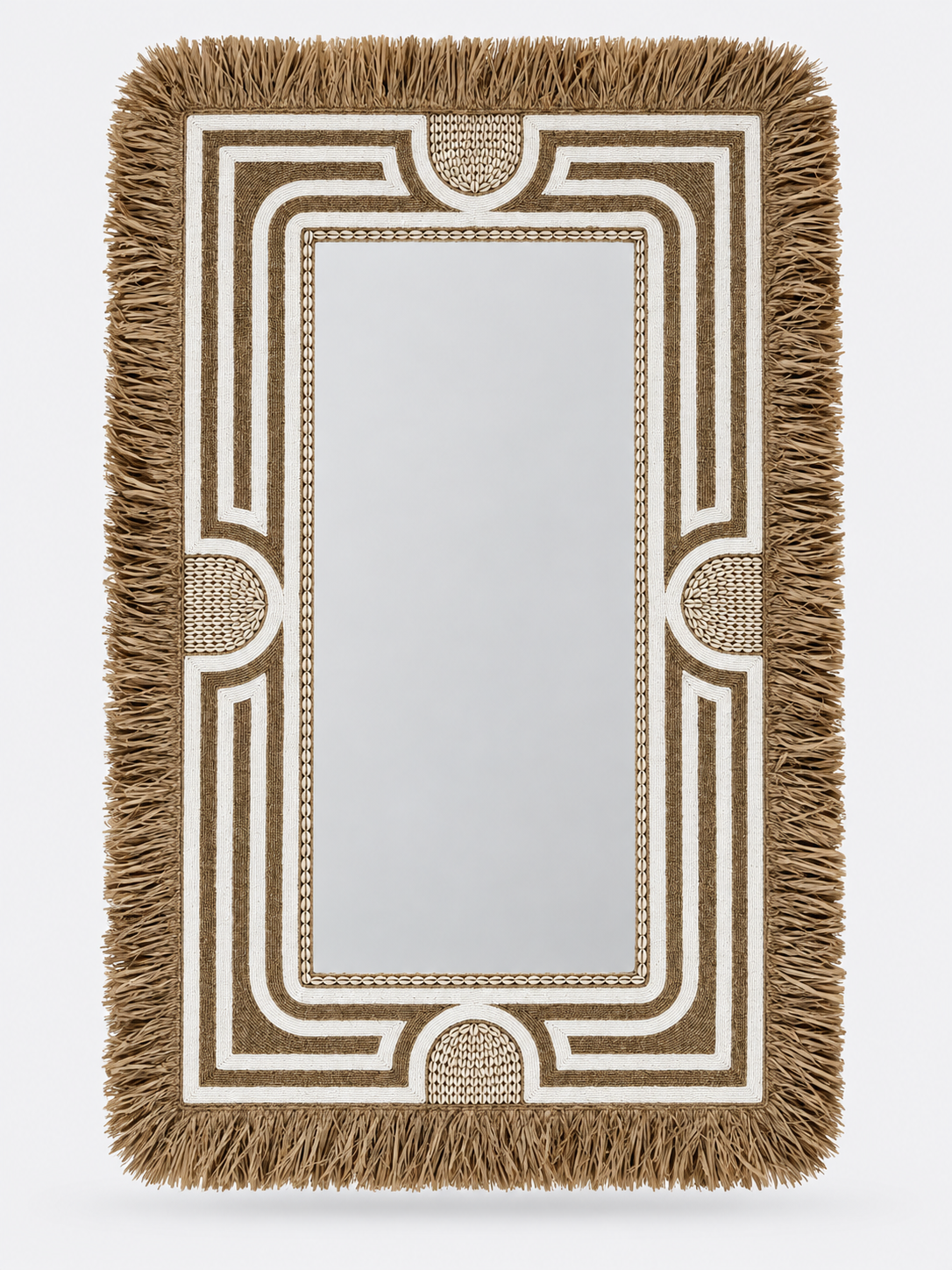 Grand miroir carré en raphia, perles et coquillages Tulum XL