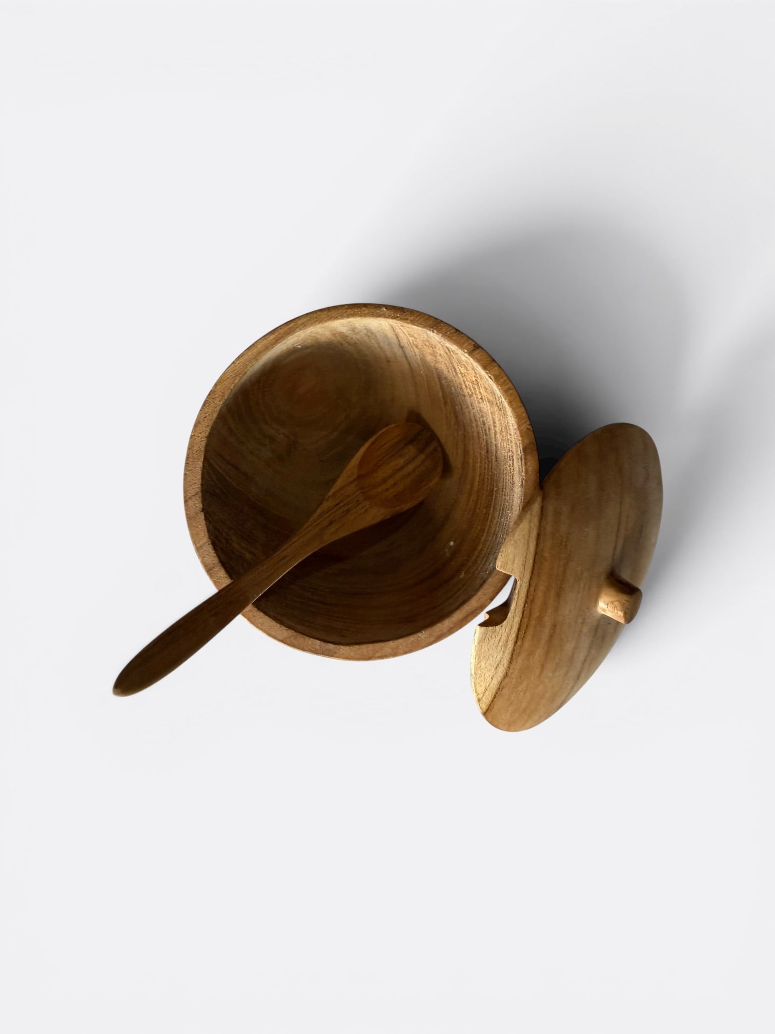 Petite boîte à condiments en teck avec cuillère