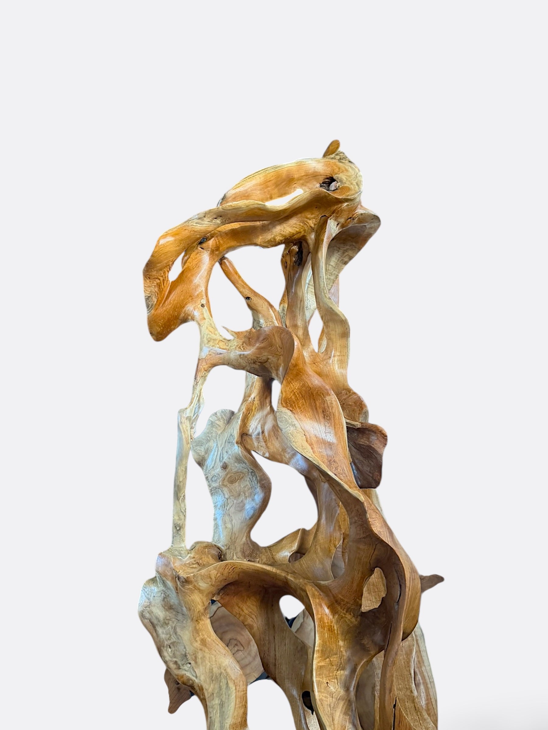 Sculpture organique Aggi en teck massif, mise en situation