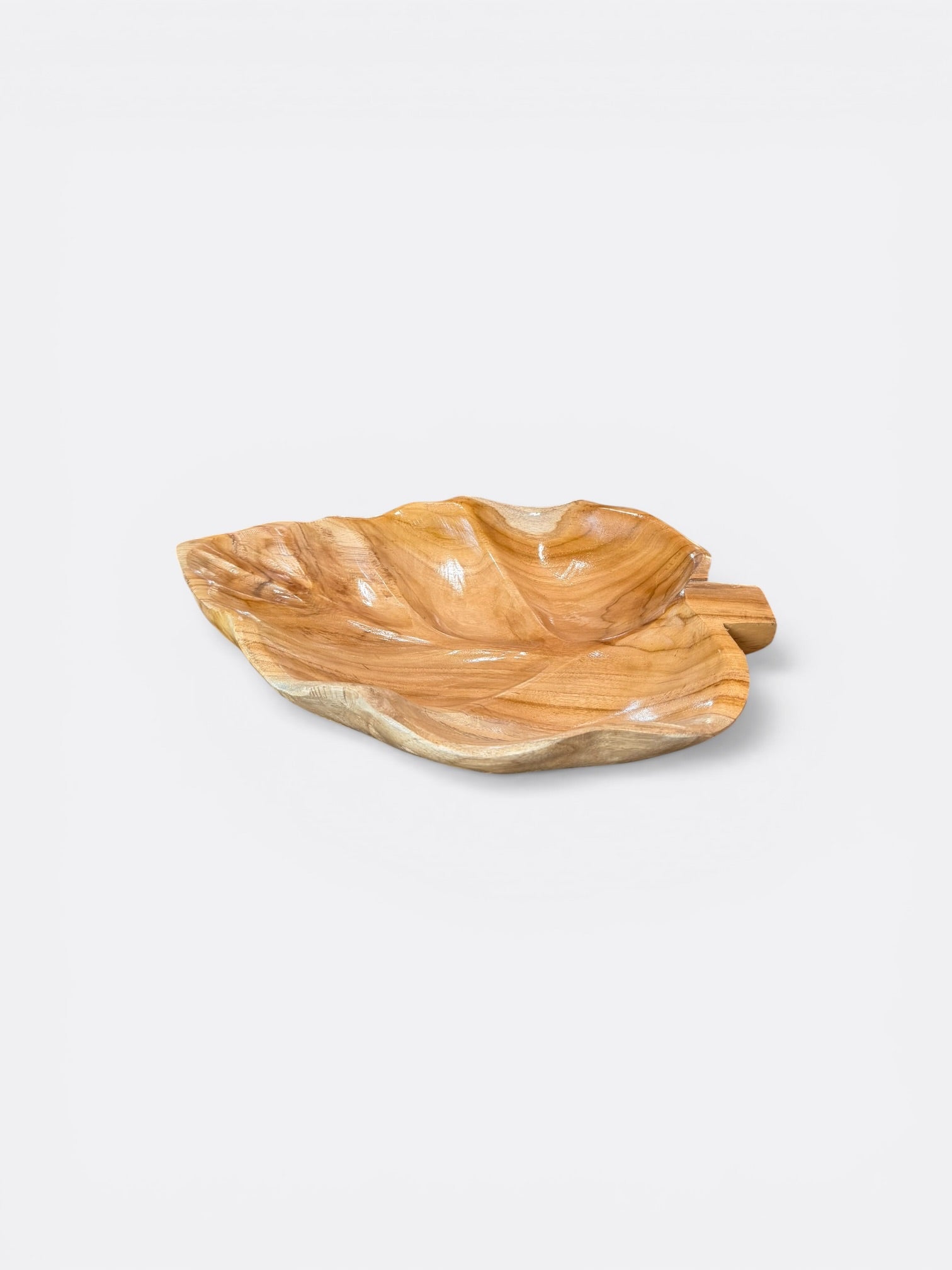 Grande coupe en bois de teck en forme de feuille