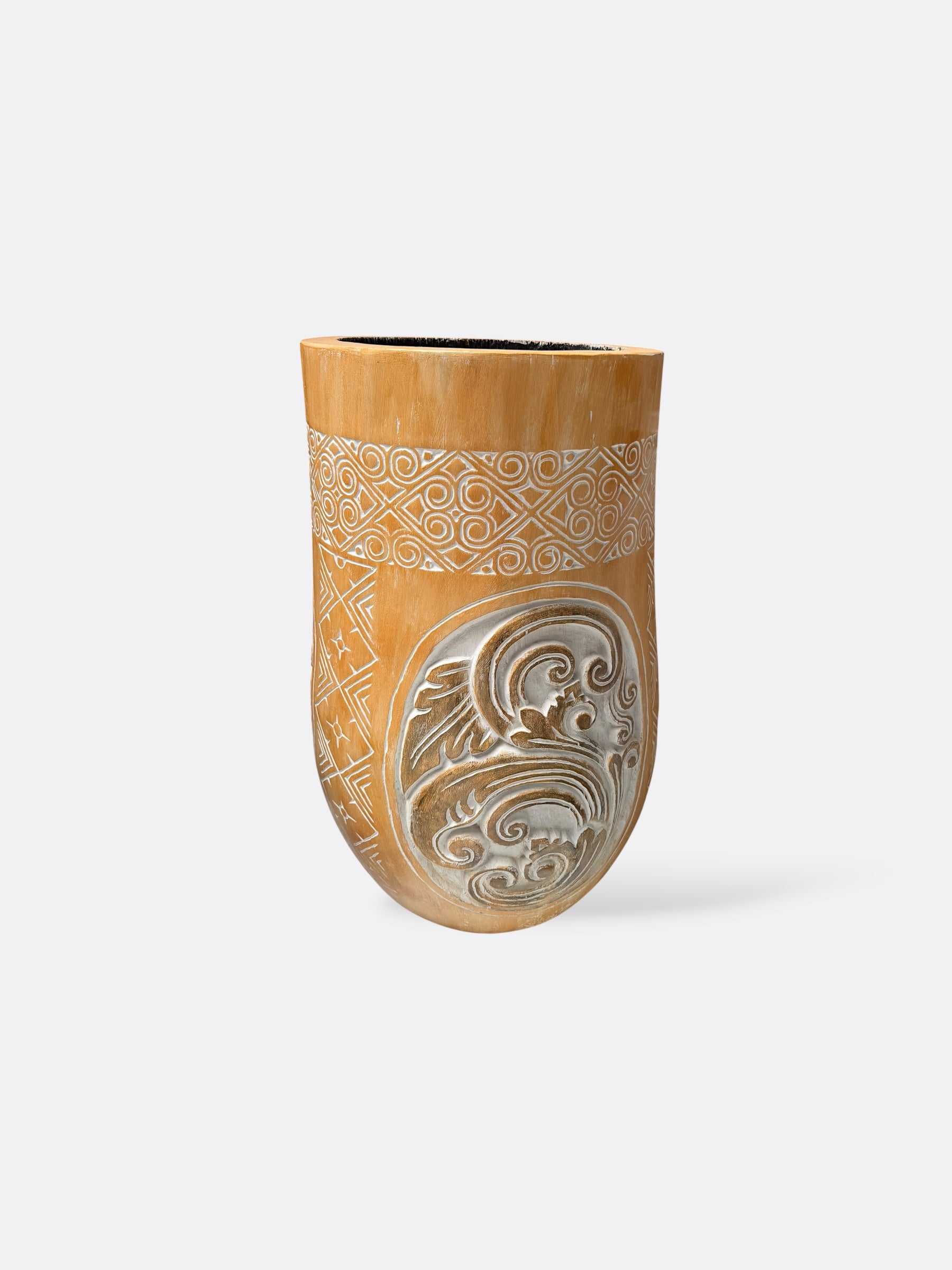 Pot Palam en palmier sculpté jaune, vue de profil