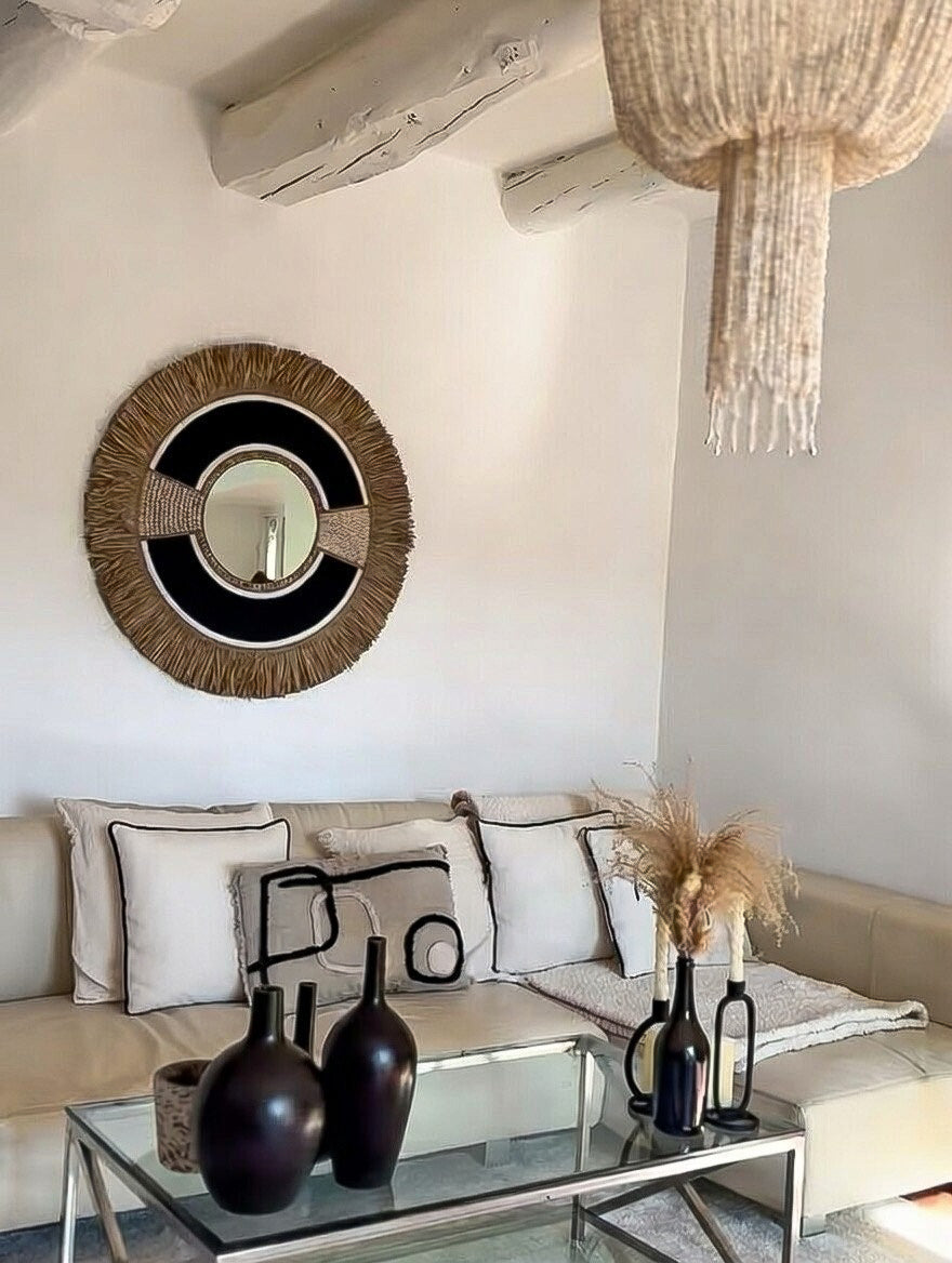 Miroir artisanal rond en perles et coquillages – Kaya noir