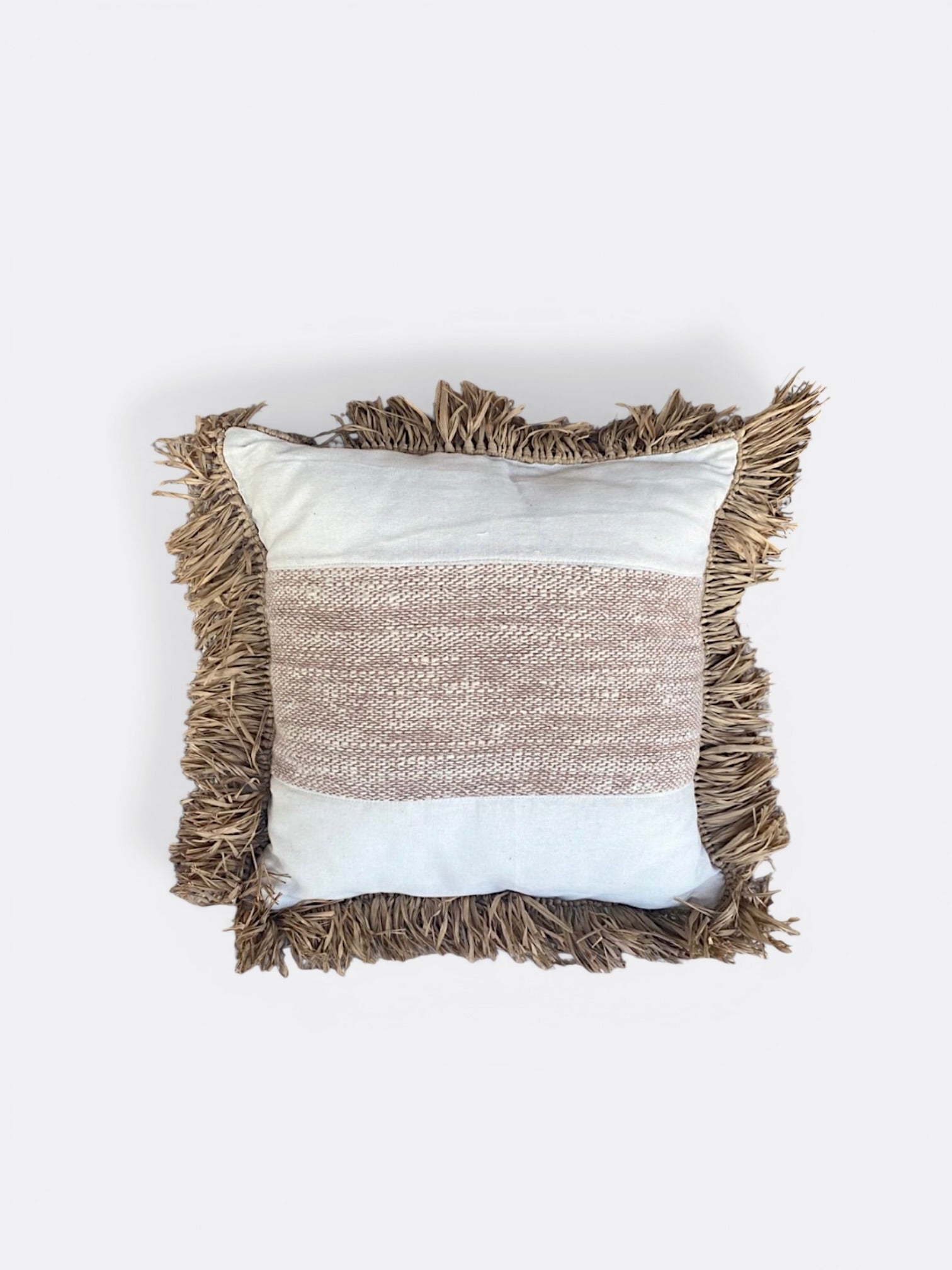 coussin carré Balinais en coton et raphia - blanc & beige