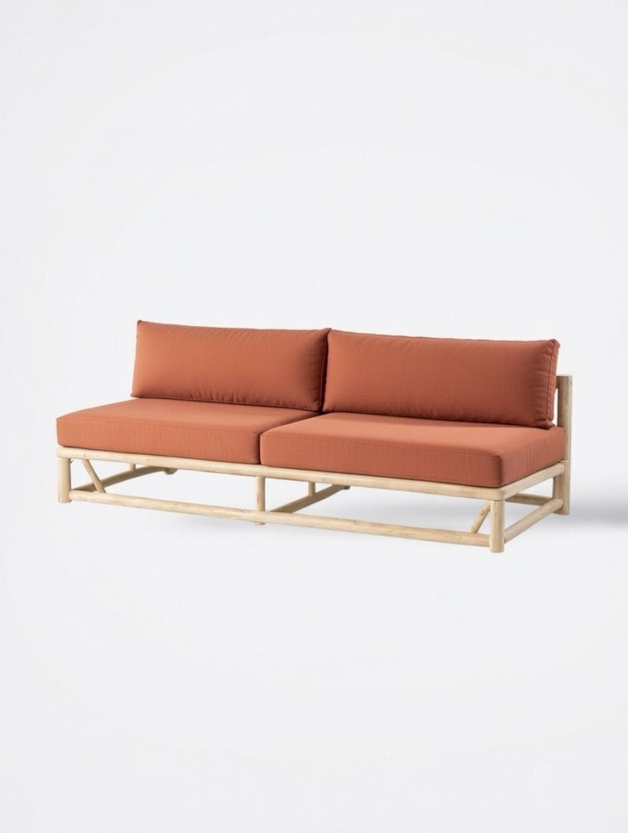 Canapé Myo terracotta en teck - détail des coussins déhoussables