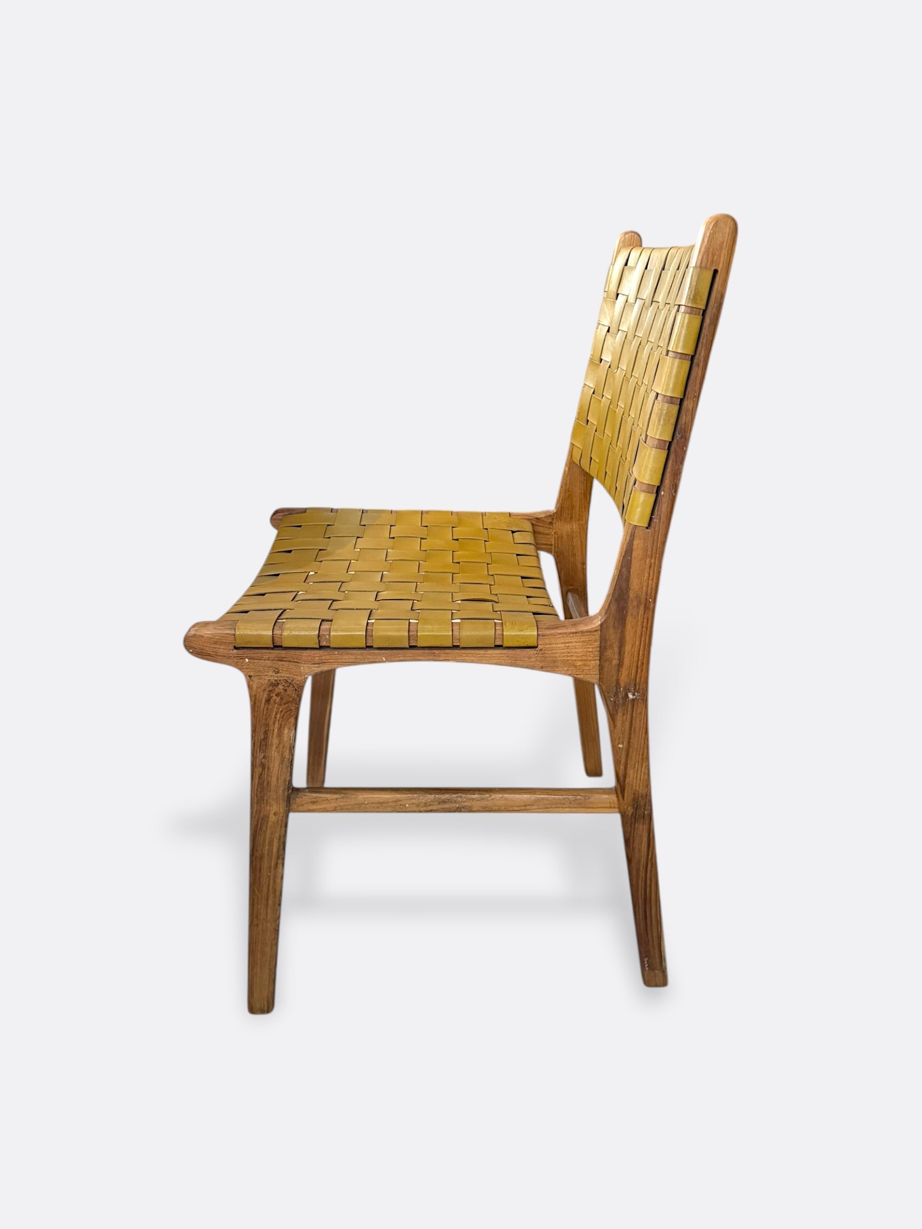 #chaise en bois de teck et lanières de cuir jaune Bali # - COKOHA