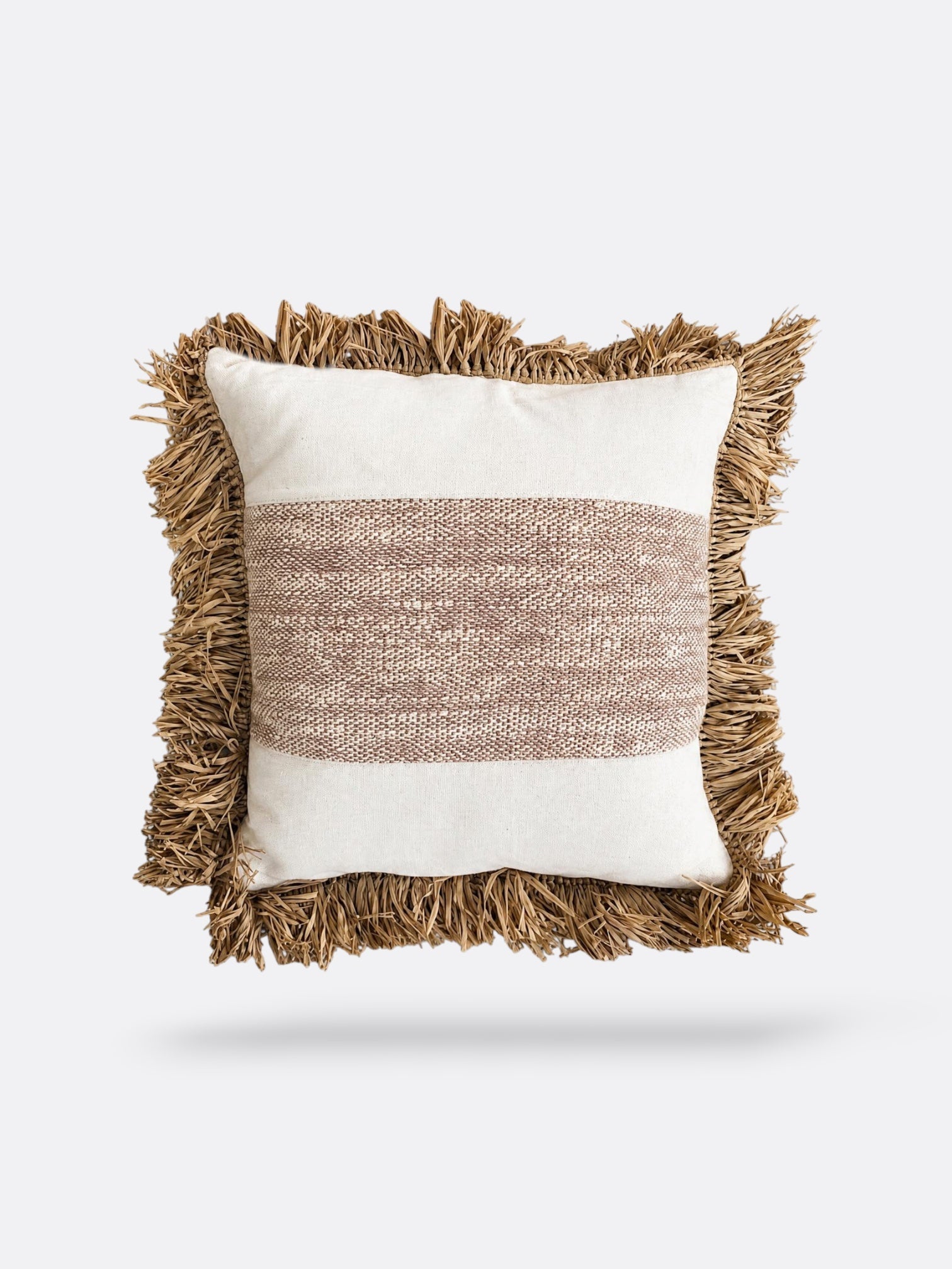 coussin carré Balinais en coton et raphia - blanc & beige
