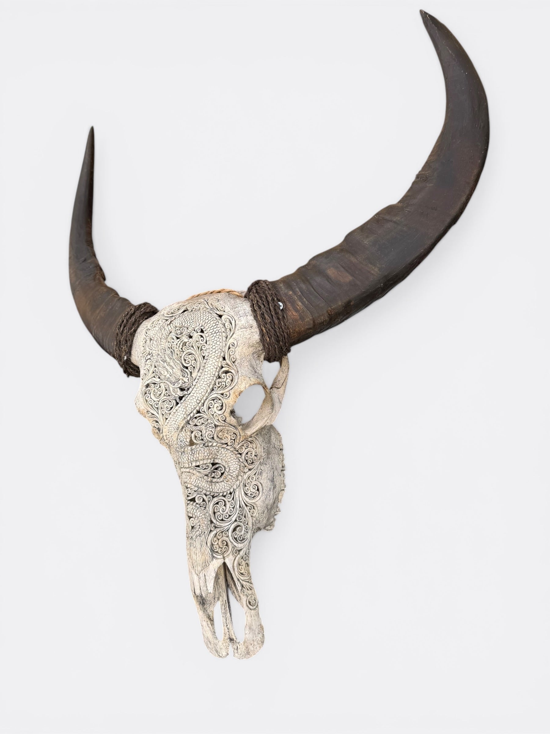 Détail de la teinte beige du crâne de buffle Barong