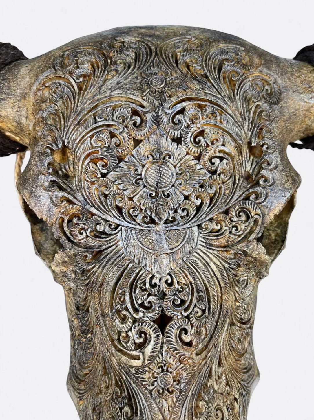 Crâne de buffle artisanal marron avec gravures florales – décoration murale