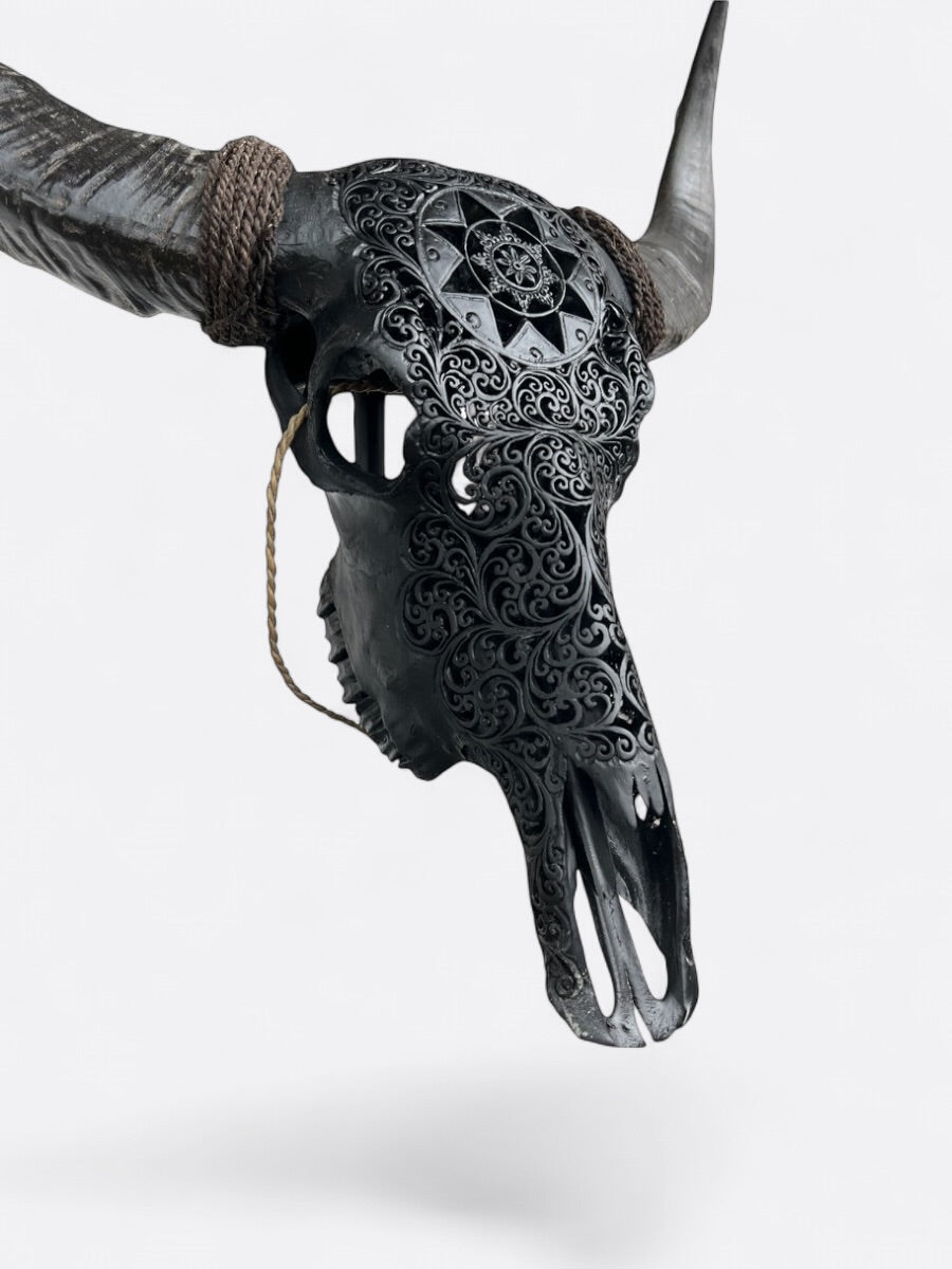 Crâne de buffle peint en noir avec motif étoile gravé – artisanat balinais
