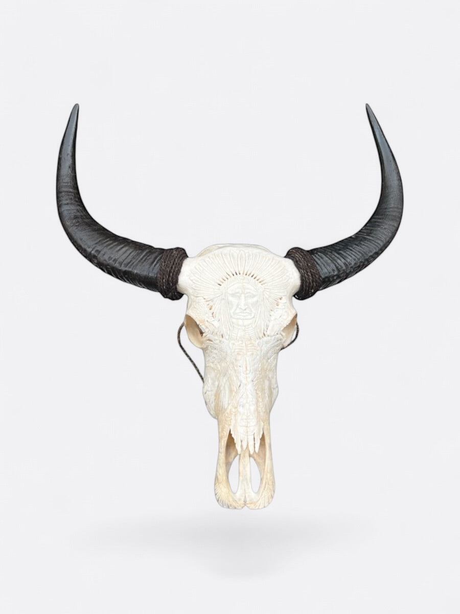 Crâne de buffle sculpté à la main à Bali, gravure indienne Sitting Bull, véritable crâne artisanal