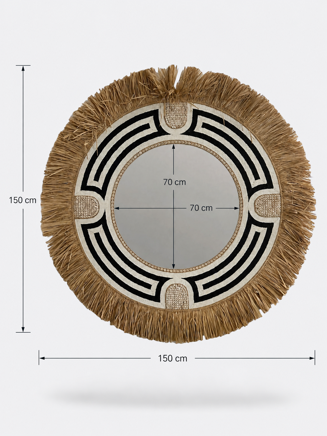 Grand miroir rond artisanal en coquillages et perles – Grâce noir XL