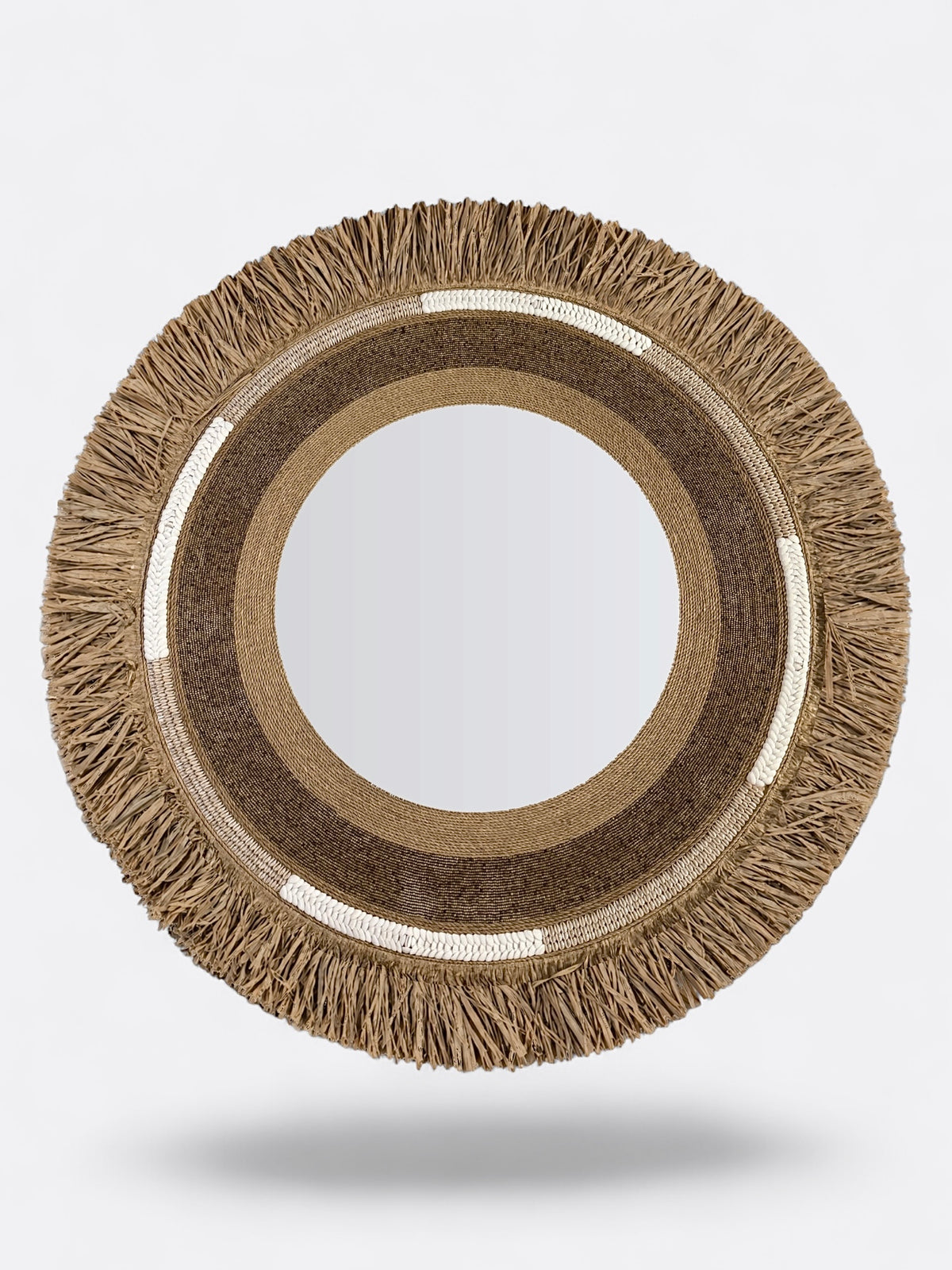 Grand miroir rond XXL artisanal en raphia, perles et coquillages – Natural XXL