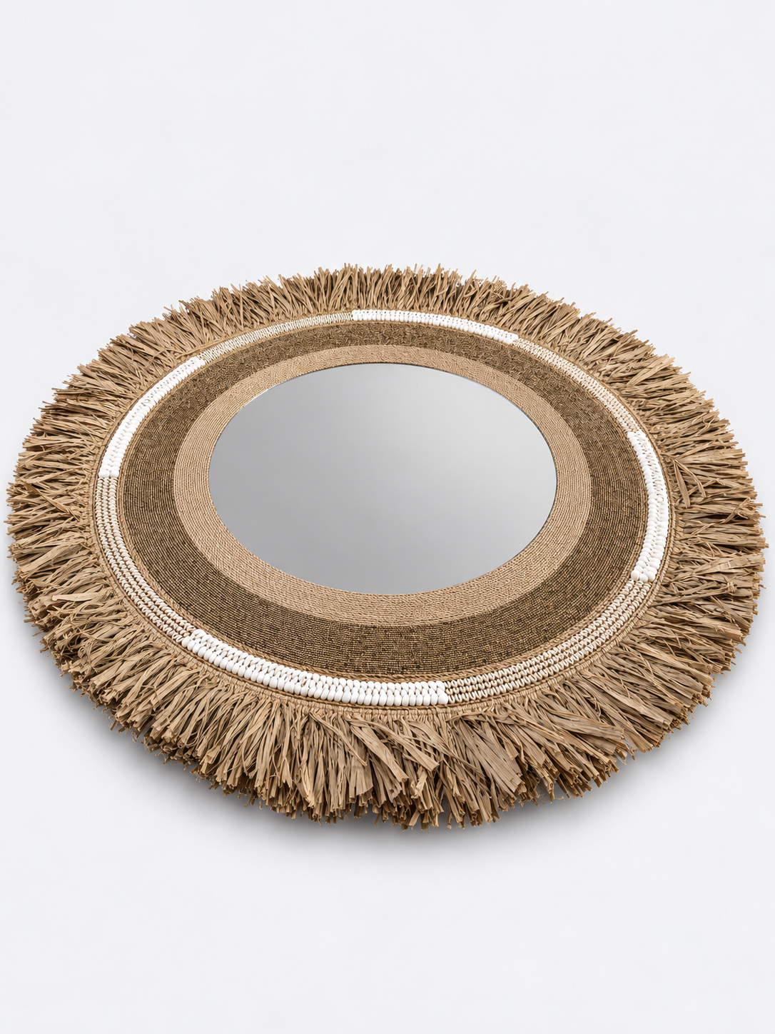 Grand miroir rond XXL artisanal en raphia, perles et coquillages – Natural XXL