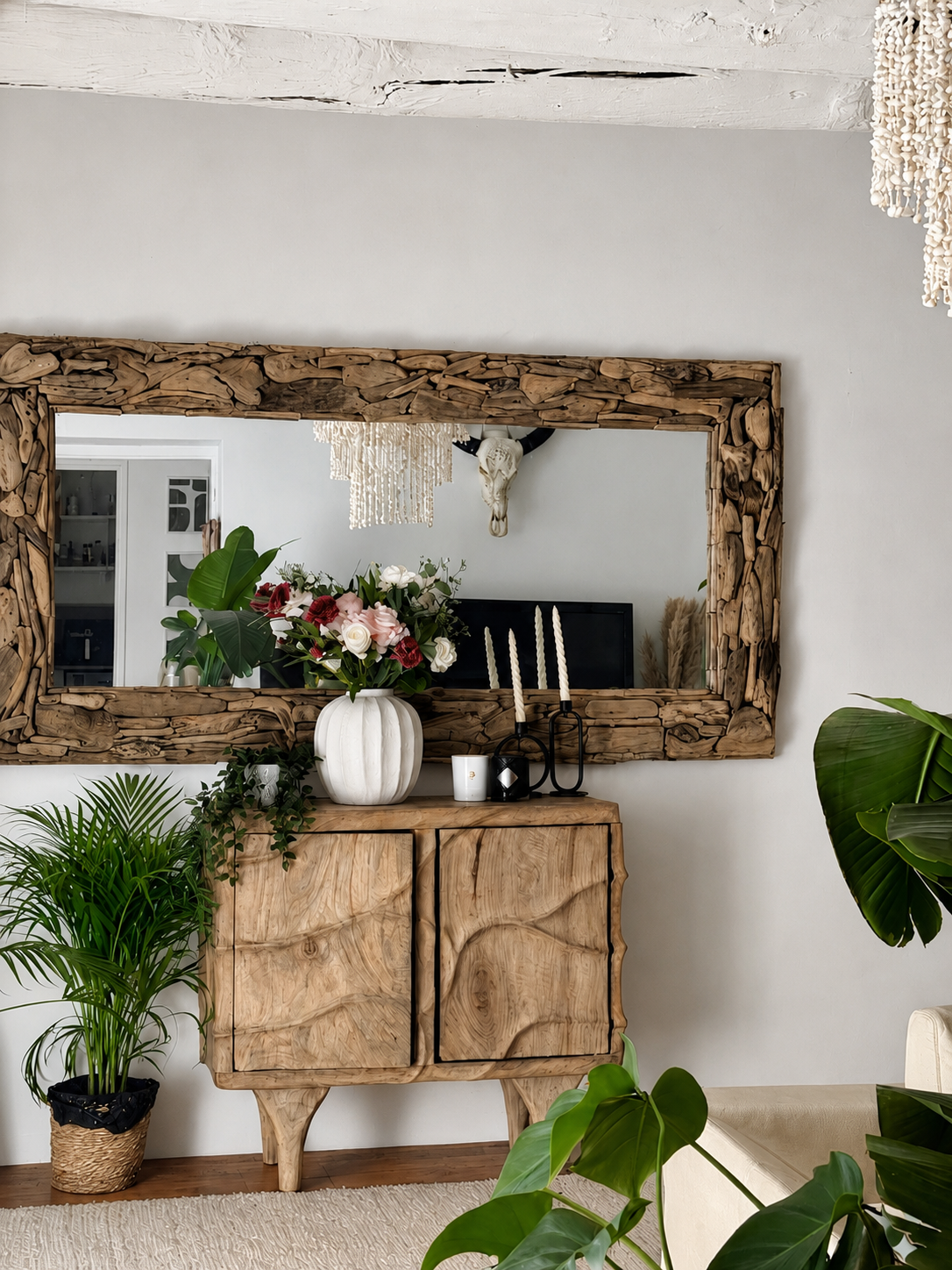 Grand miroir rectangulaire artisanal en bois flotté – Minum XL