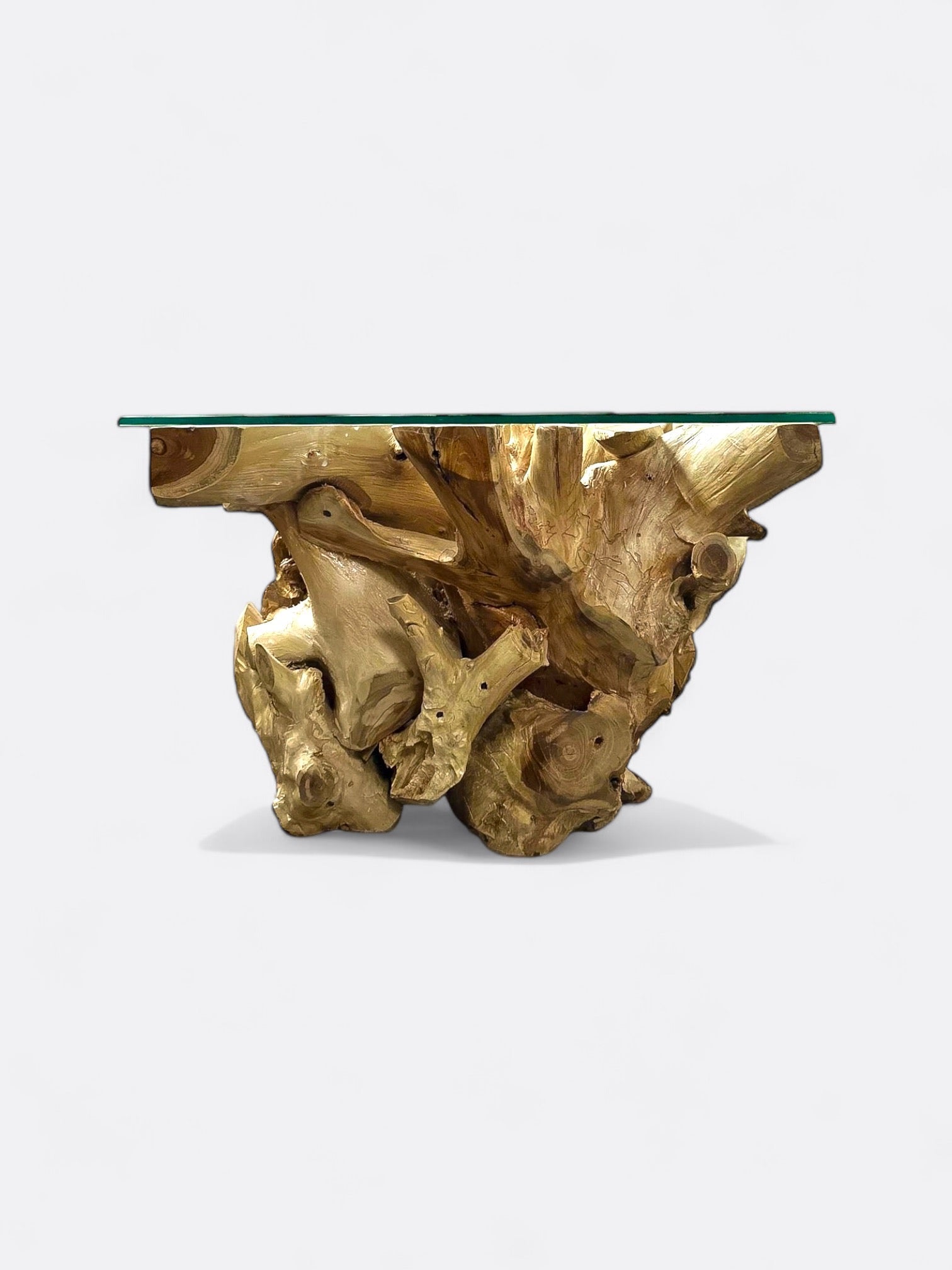 Table basse carrée en teck - détail des racines sculptées