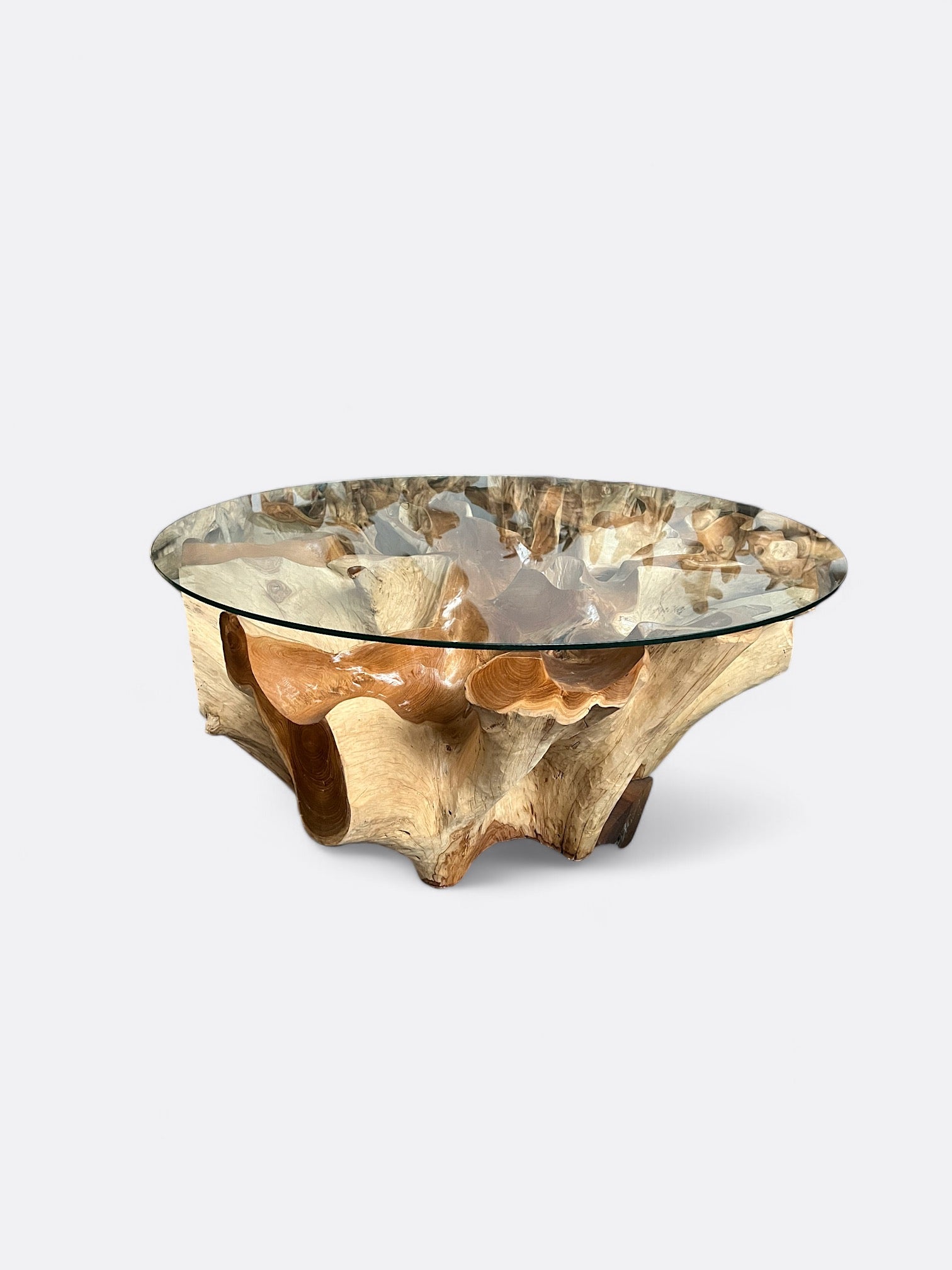 Table basse ronde en racines de teck et plateau verre artisanale de Bali