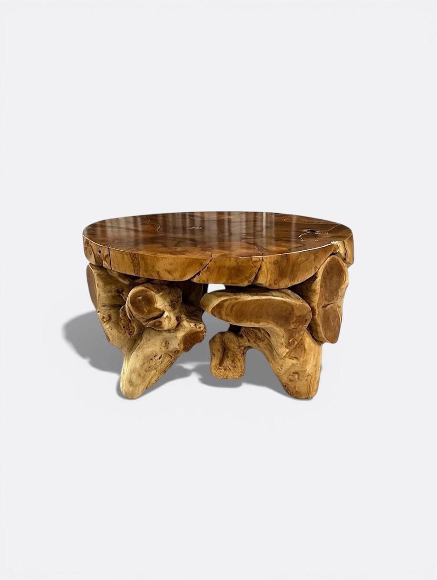 Table basse ronde Dhana en teck massif verni artisanale de Bali