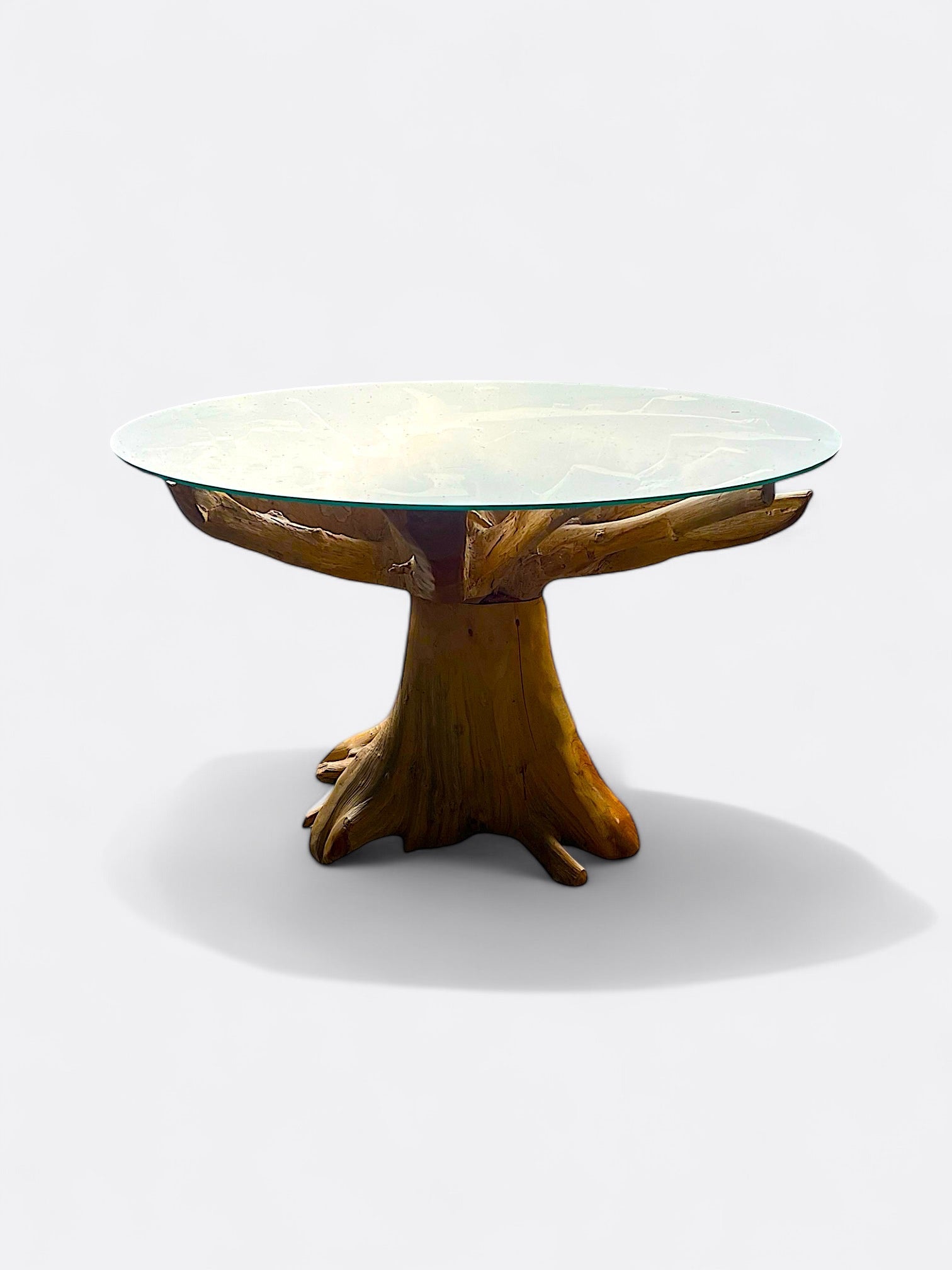 Table à manger Alami en racines de teck et plateau verre artisanale de Bali